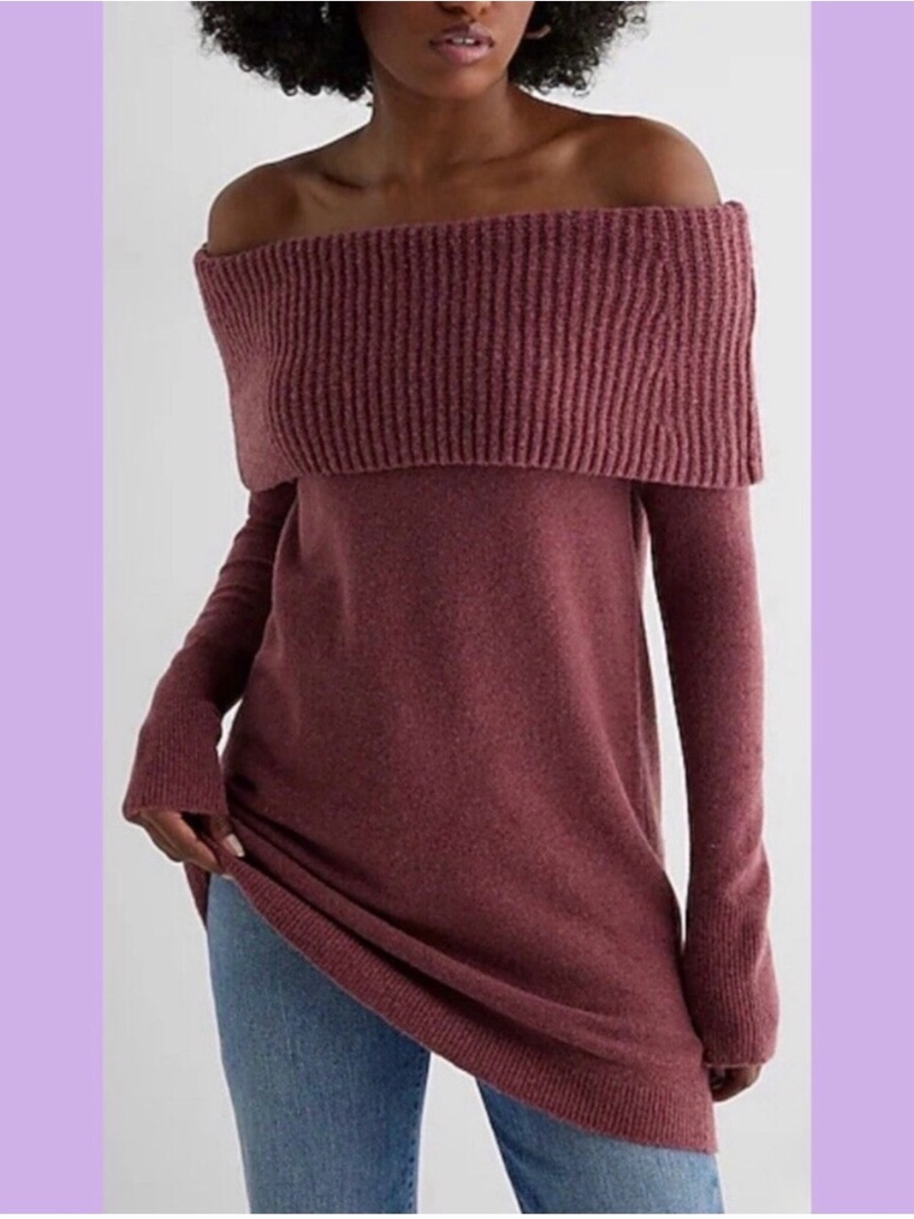 Express Off-the-Shoulder Foldover Sweater - Mauve